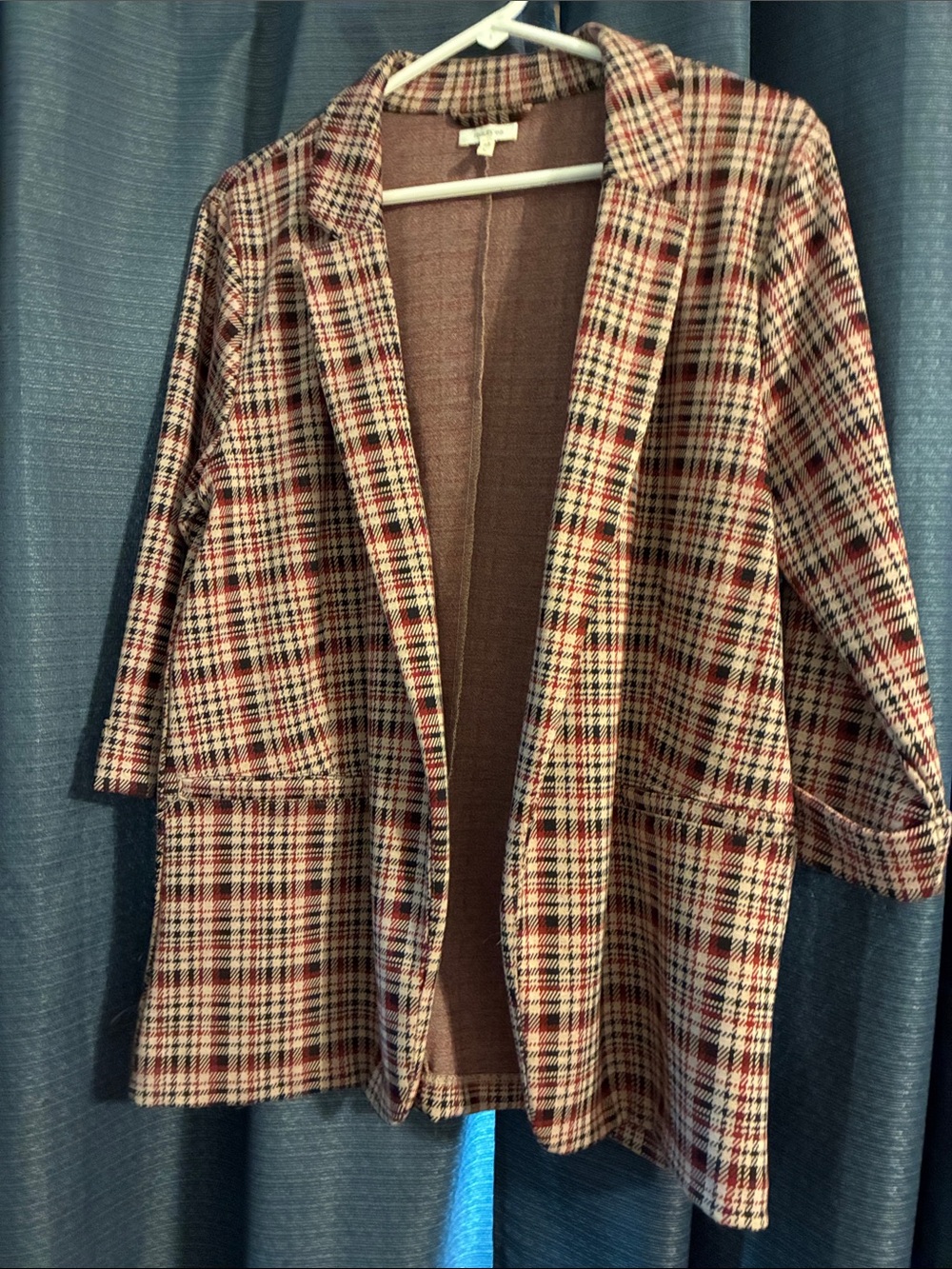 Maurices Red and Brown Plaid Open-Front Blazer
